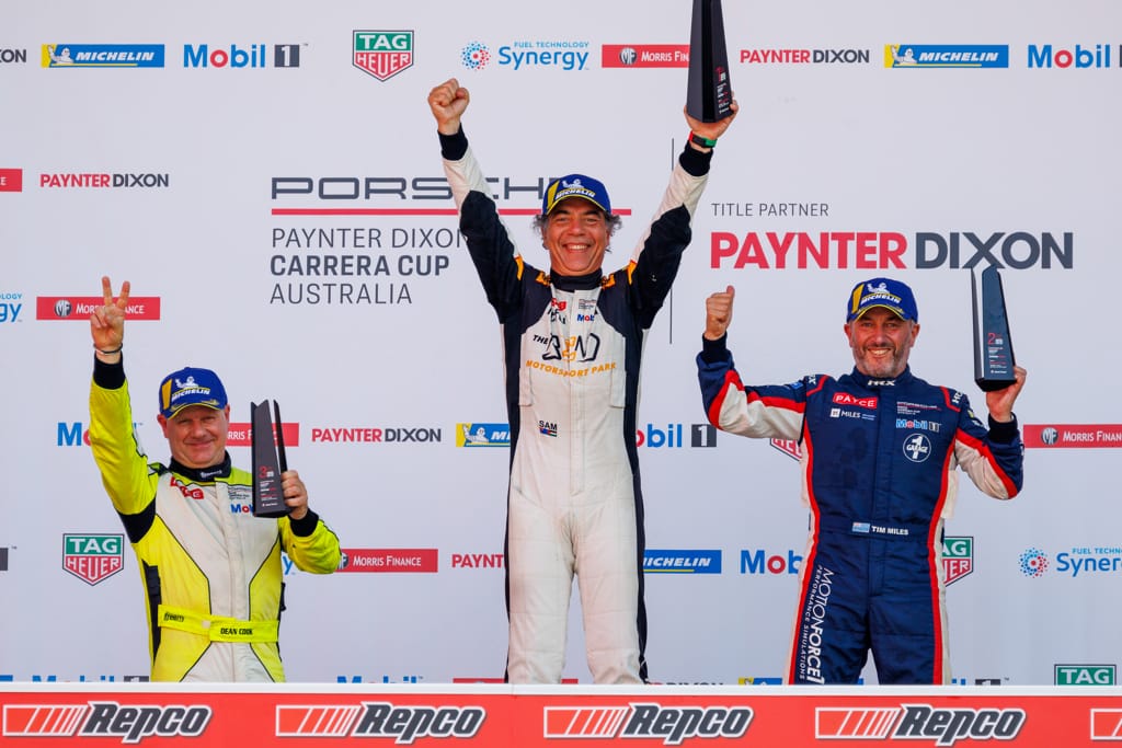 McElrea Racing driver Tim Miles #7 on the podium at Mount Panorama Circuit Bathurst 2021