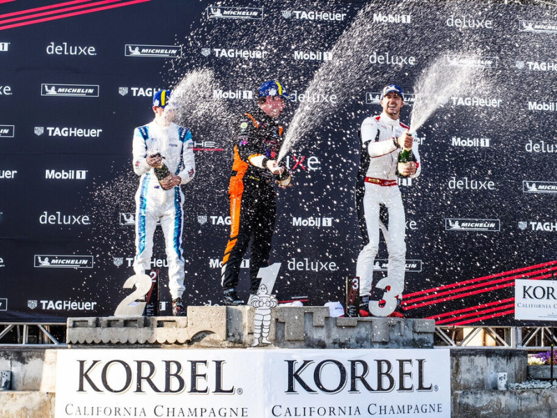 McElrea Racing driver Tom Sargent on the podium at Long Beach, California 2023
